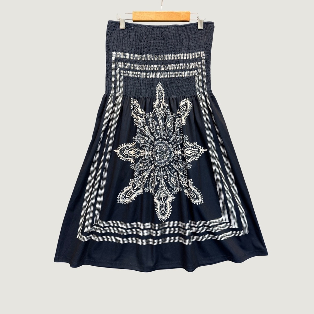 Strapless Smocked Beach Dress Swim Cover Up Navy Blue Womens Large Mandala Boho